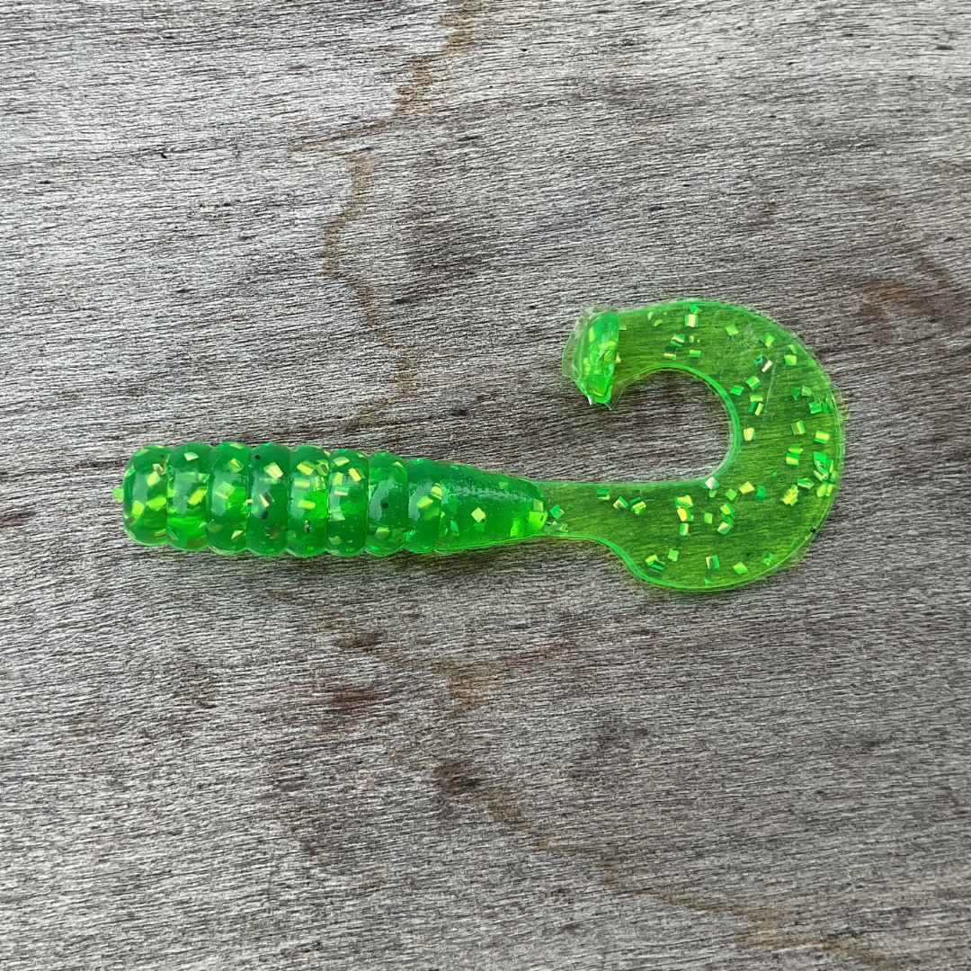 2" Curly Tail Kicker Chartreuse Shiner bait featuring a bold chartreuse color and flickering tail action.