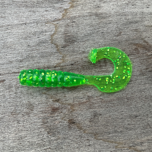 2" Curly Tail Kicker Chartreuse Shiner bait featuring a bold chartreuse color and flickering tail action.